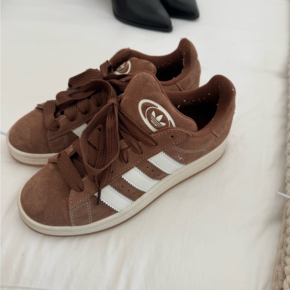 adidas Brown Suede Sneakers with White Stripes and Trefoil